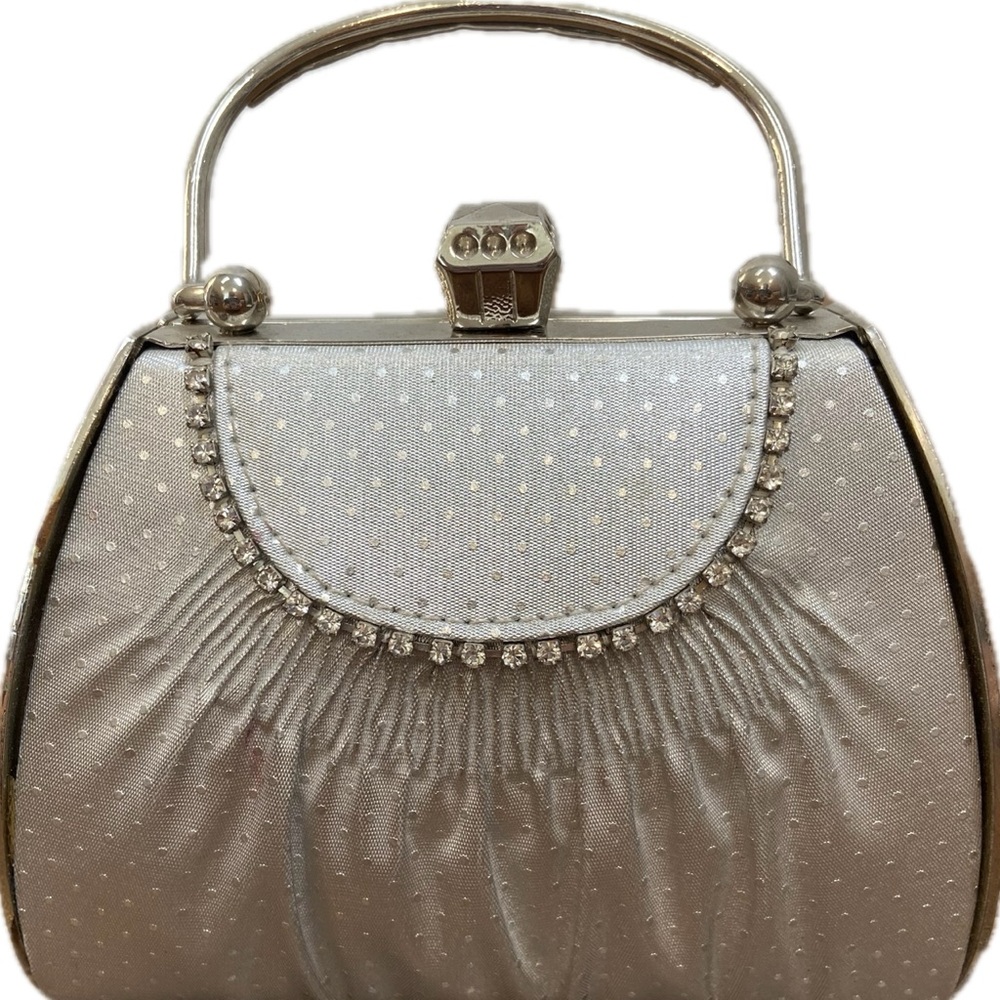 VINTAGE SILVER TONED RHINESTONE PURSE CLUTCH FORMAL PROM FANCY SMALL BAG